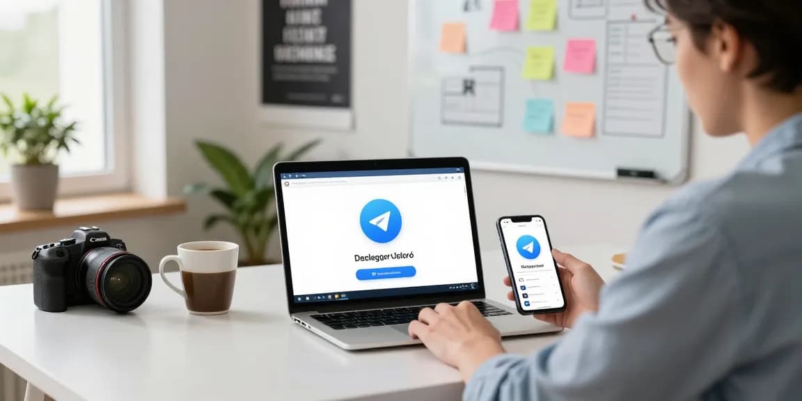 Download Telegram on laptop in a cozy home office setup with vibrant decor and natural lighting.