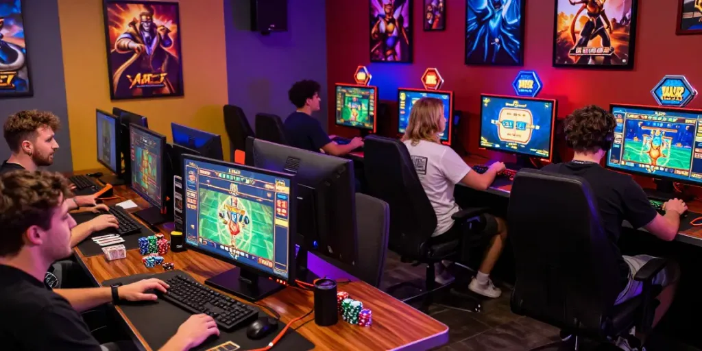Para pemain slot88 bersemangat di lounge permainan yang cerah dan penuh warna.