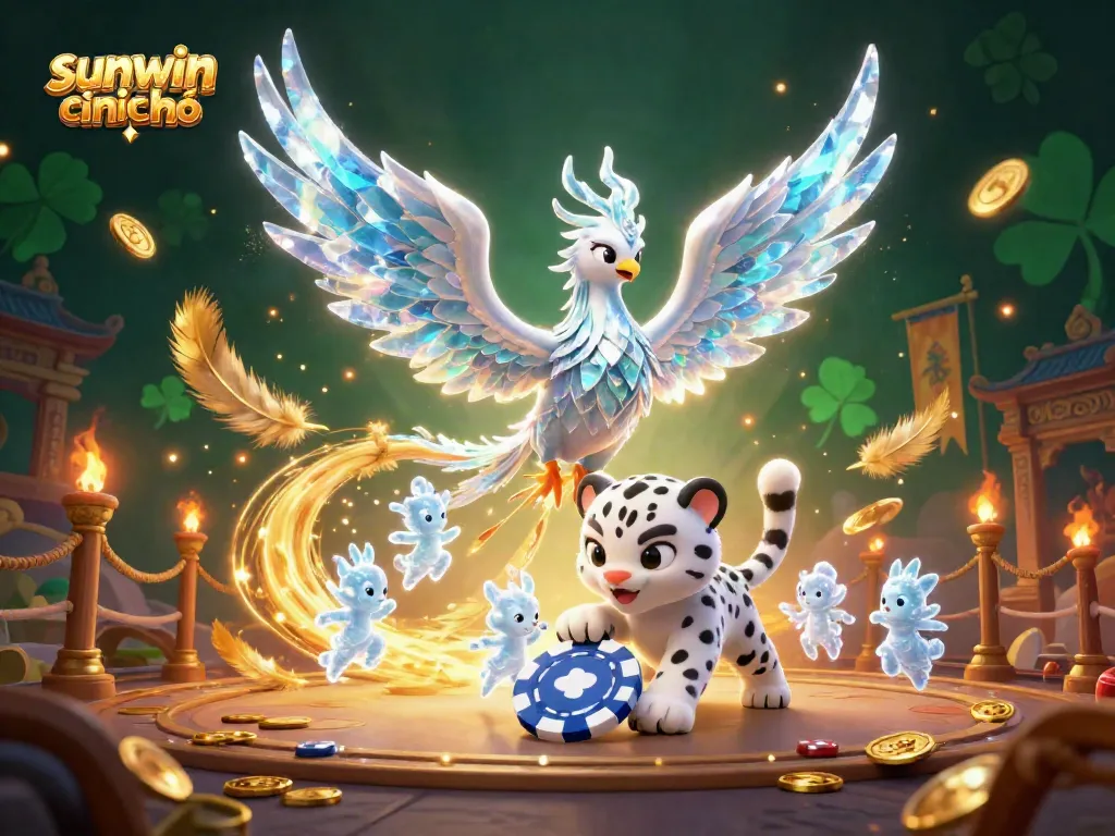 Experience the vibrant energy of sunwin chính chủ with an ice phoenix, poker chip, and enchanted sprites in a casino-themed scene.