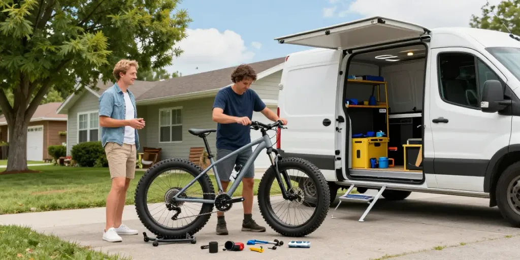 Mobiele fatbike monteur repareert een fatbike met beschikbare Fatbike onderdelen buiten een huis.