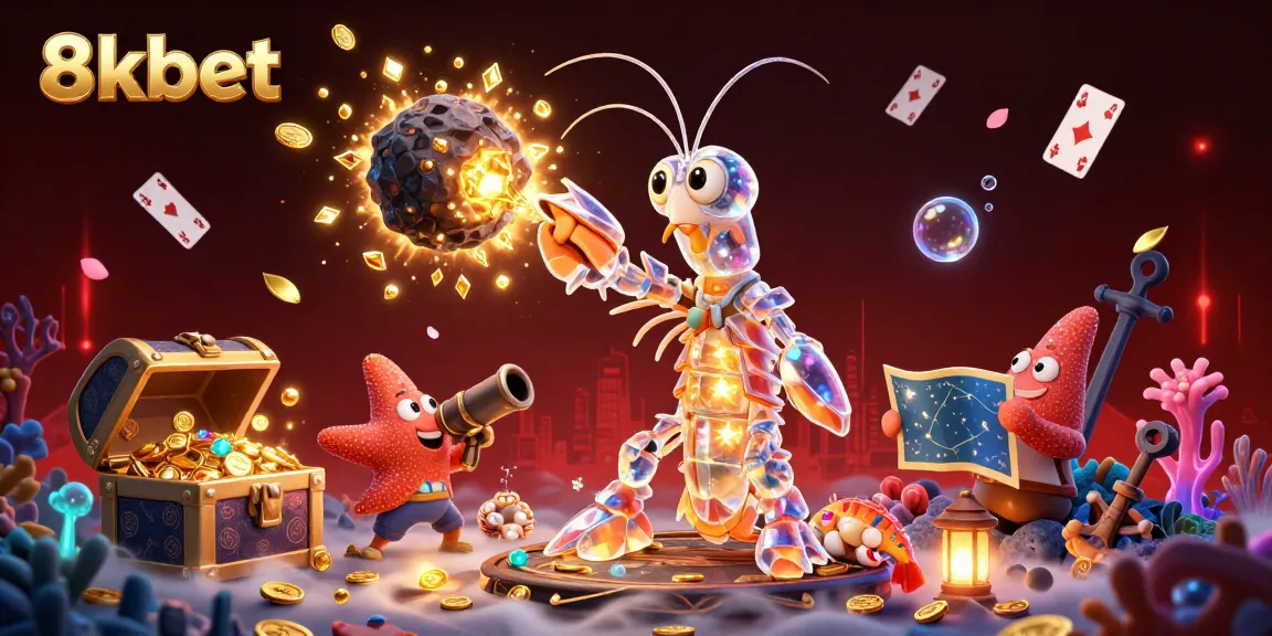 8kbet delivers excitement as a galactic shrimp hero blasts through an explosion of gems, embodying high-stakes gaming.