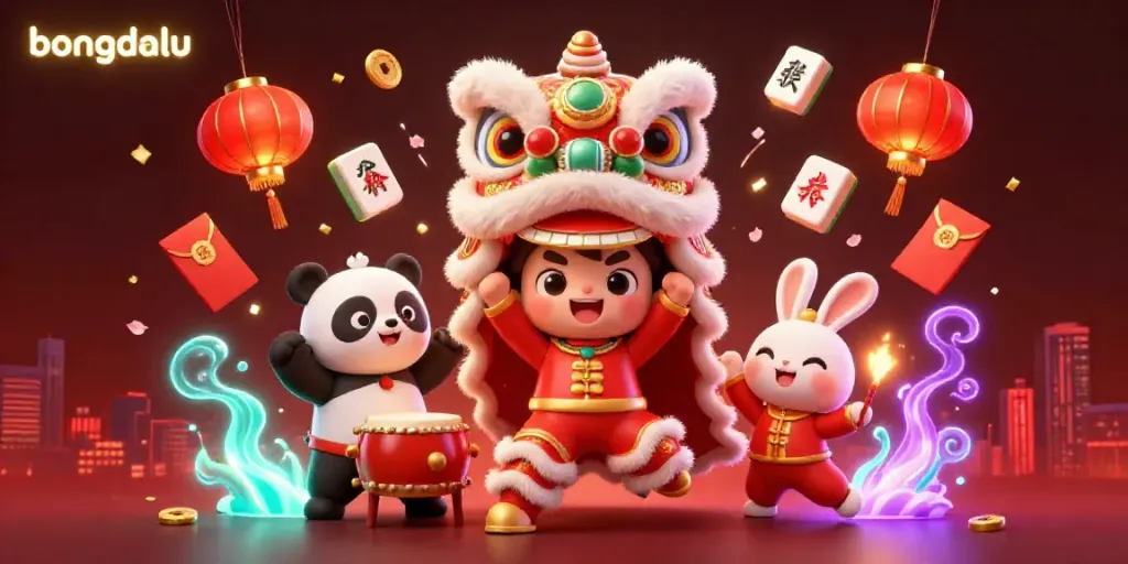 Bongdalu's festive 3D illustration showcases playful lion dancers and a drumming panda in a vibrant gambling-themed scene.