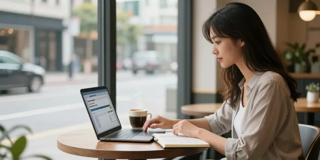 Young woman applying for payday loans online at https://red-deer.paydayloans-on.ca/ in a cozy coffee shop.
