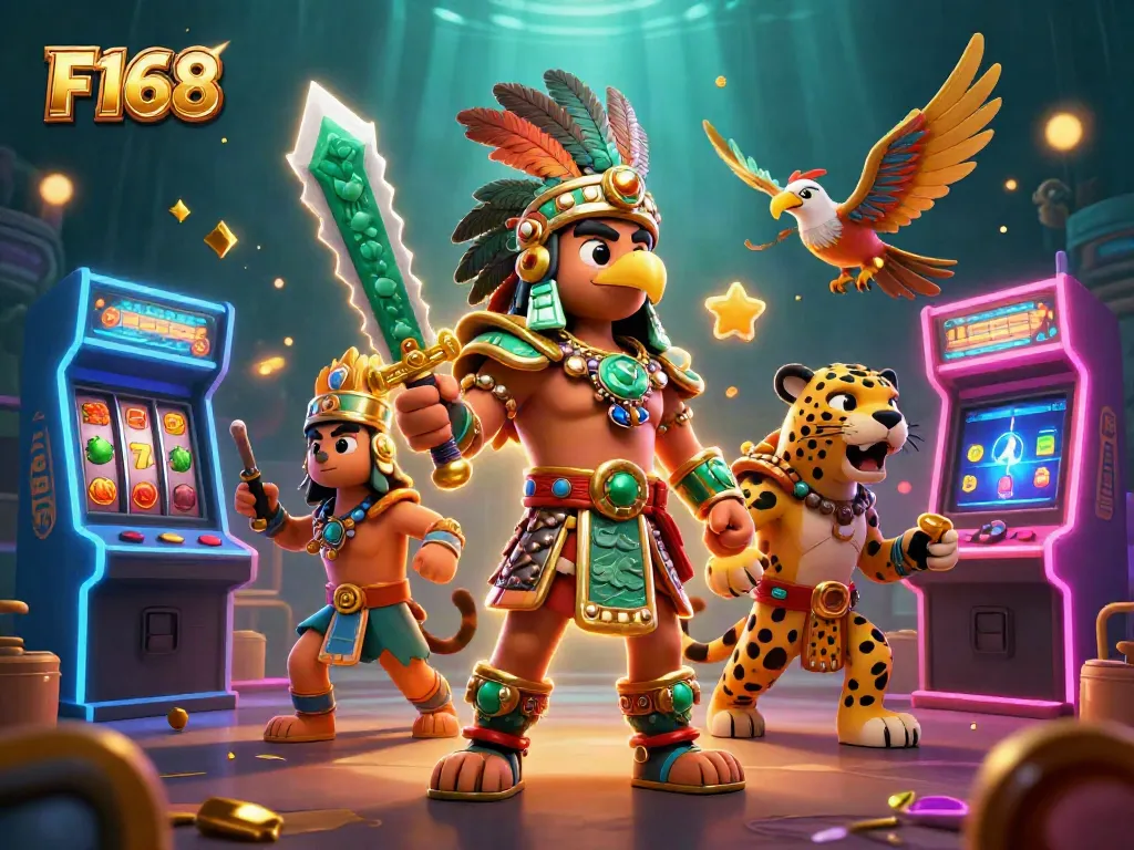 Experience thrilling moments with F168's vibrant online casino world, featuring Aztec warriors, colorful game elements, and dynamic action.