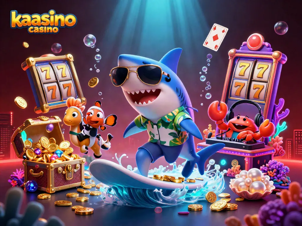 Kaasino casino features a vibrant underwater scene with cartoon characters, slot reels, and treasure elements.