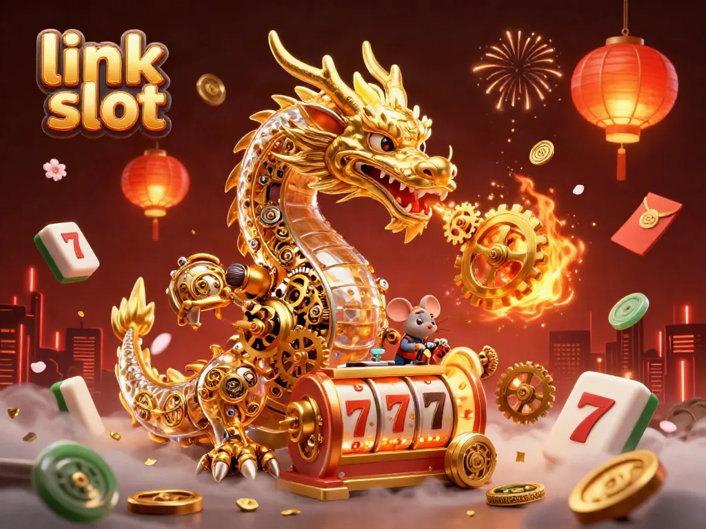 Experience the thrill of link slot gaming with a golden dragon and jackpot symbols in a dynamic casino scene.