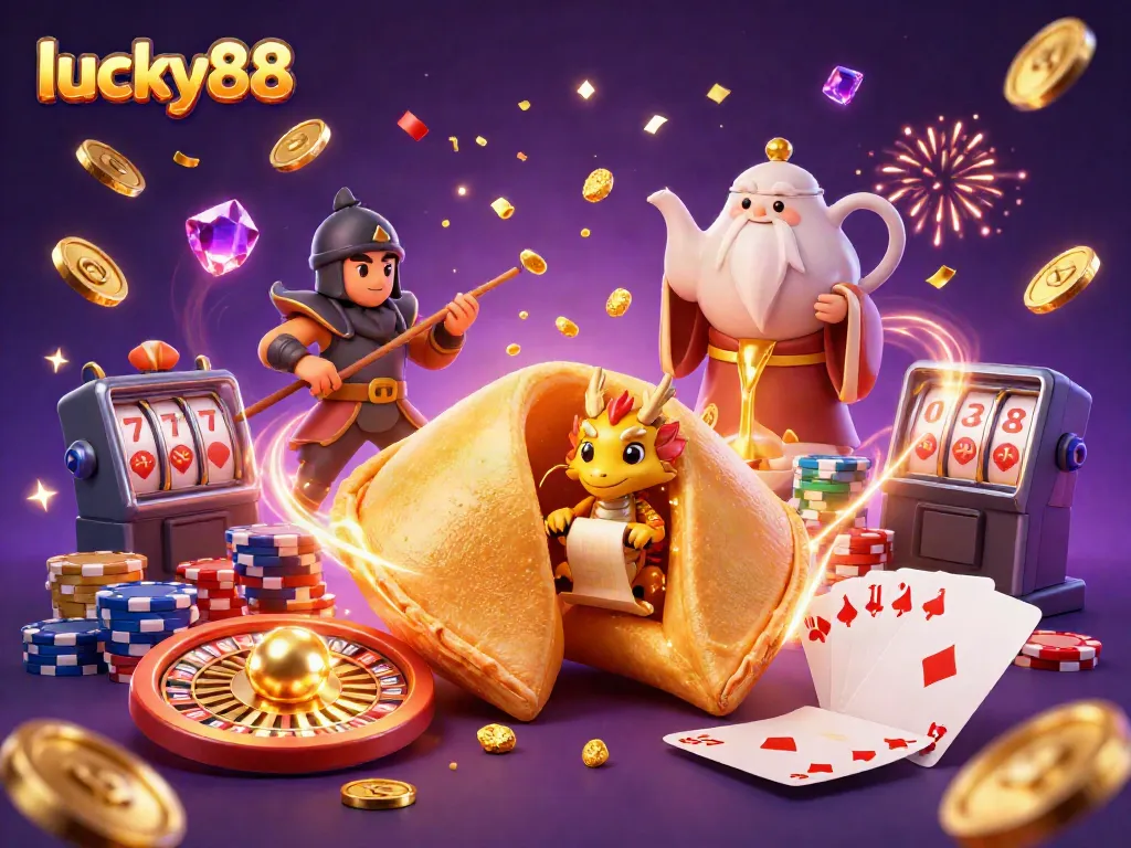 Engage with lucky88 in this vibrant scene of golden fortunes, casino elements, and dynamic characters.