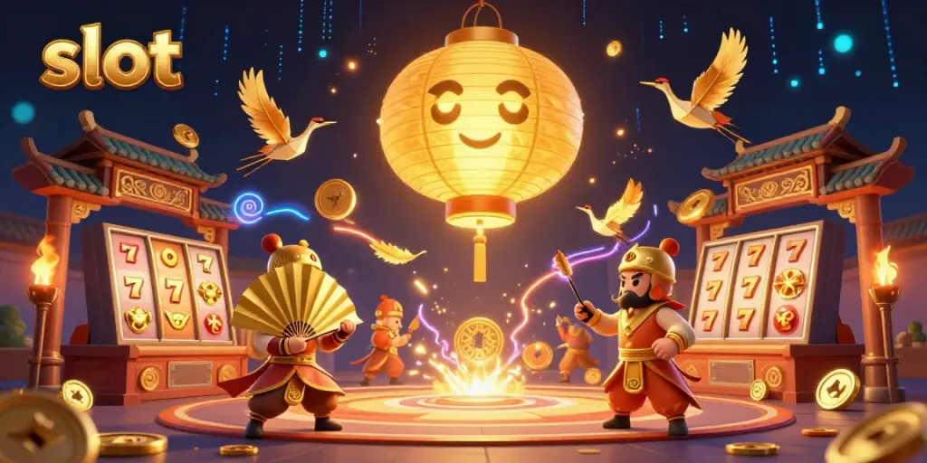 Engage in thrilling slot action with a glowing lantern spirit amidst a vibrant casino scene.