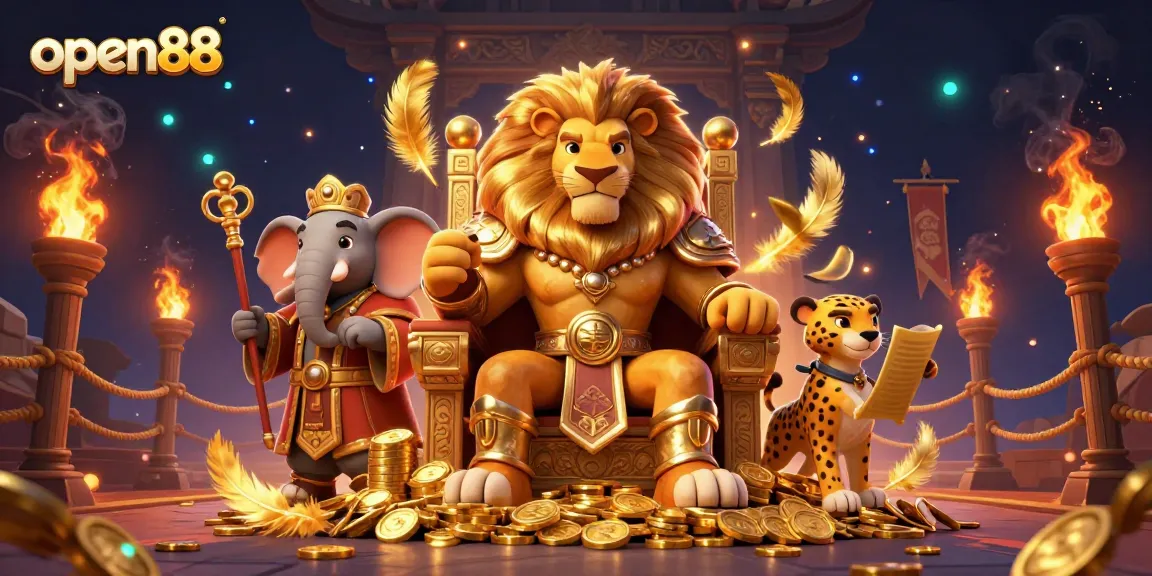 Engage with open88 as the lion king rules a casino, showcasing vibrant game elements and rich visuals.