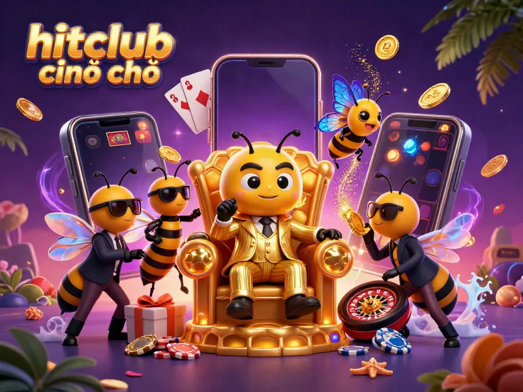 Capture the excitement at hitclub chính chủ with a whimsical scene of a bumblebee mob boss amidst gaming treasures and vibrant casino elements.