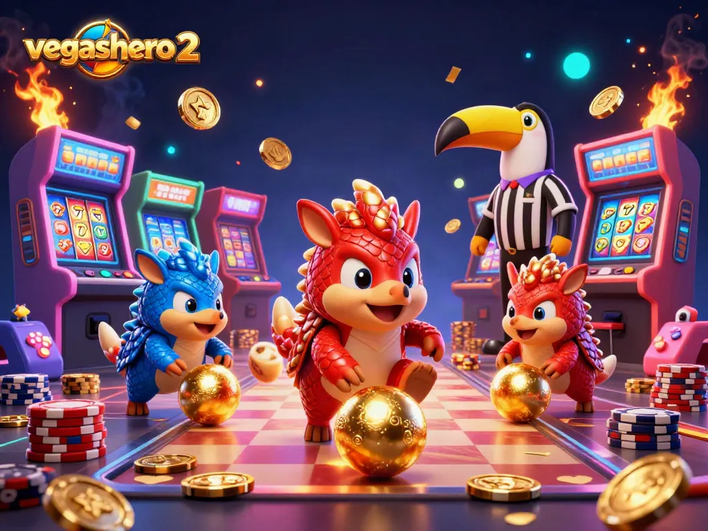 Engage with lively vegashero 2 gameplay illustrated by rival pangolins amidst casino elements and neon arcade excitement.
