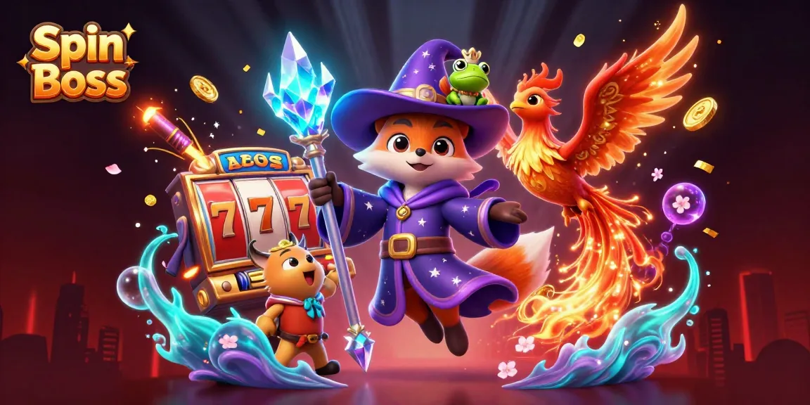 Spin Boss showcases a vibrant 3D casino scene with a wizard fox, phoenix, and dynamic slot reels.