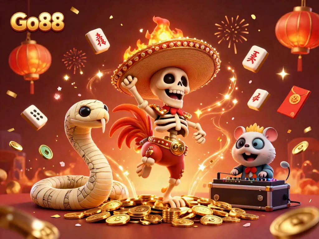 Enjoy Go88's thrilling gaming vibes with a vibrant, 3D casino illustration featuring dynamic characters and festive elements.