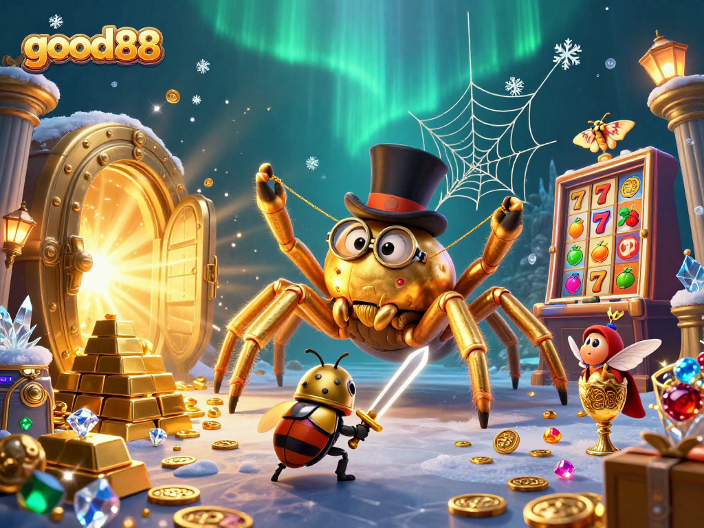 Experience the excitement of good88 with a vibrant casino scene featuring unique characters and gleaming treasures.