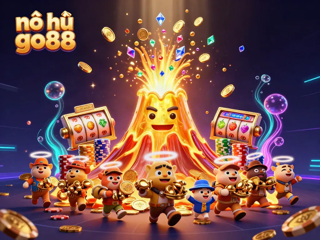 Nổ hũ go88 showcases thrilling gaming with a triumphant volcano erupting treasures and explorer animals.