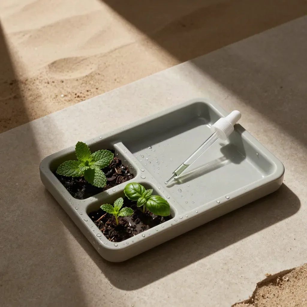 Kruidentray met basilicum en munt, zaailingen en waterdruppels op licht steenachtig vlak