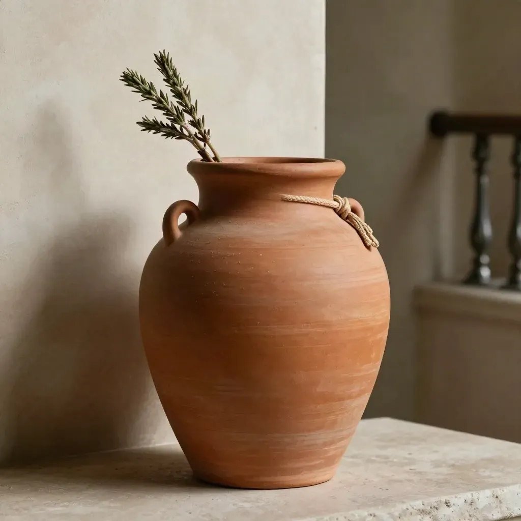 Terracotta hangpot met twee kruidstelen tegen een lichte pleisterwand, van onderen schuin gefotografeerd