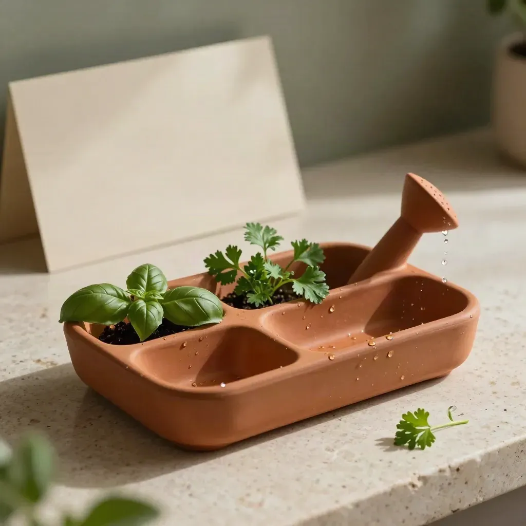 Kruidentray met basilicum en peterselie, sproeiend water en druppels op steen.
