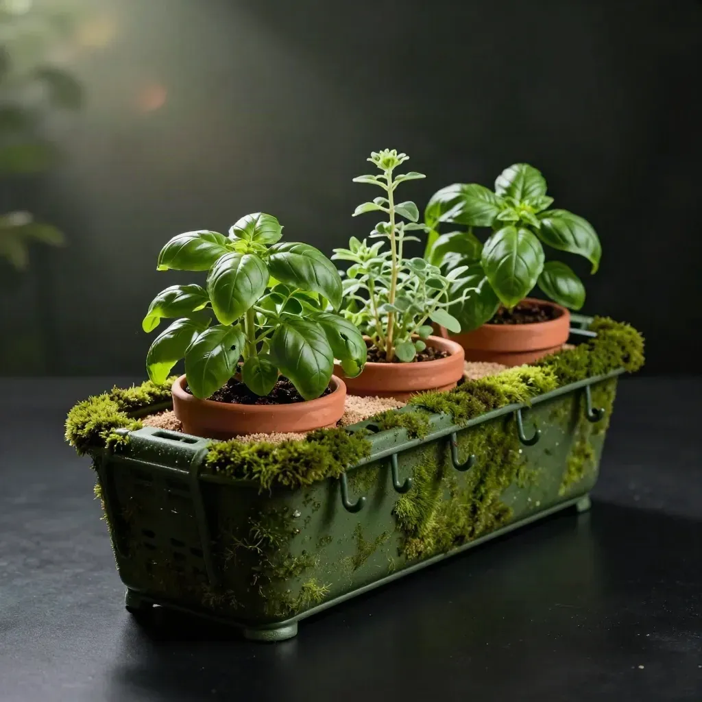 Mossgroene balkonset met bak, haken en drainage-inserts in dramatisch studiolicht