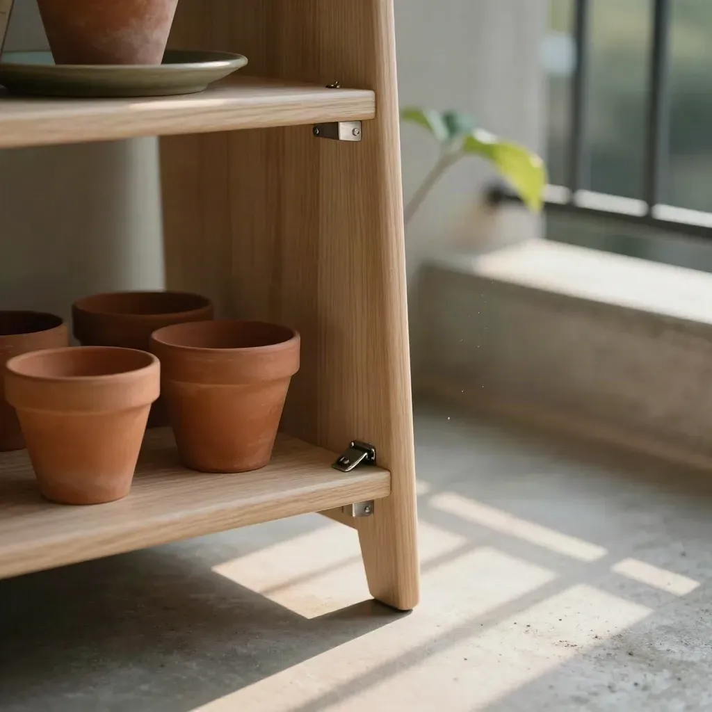 Opklapbare houten pottenplank met drie terracotta potjes op een balkon in warm middaglicht.