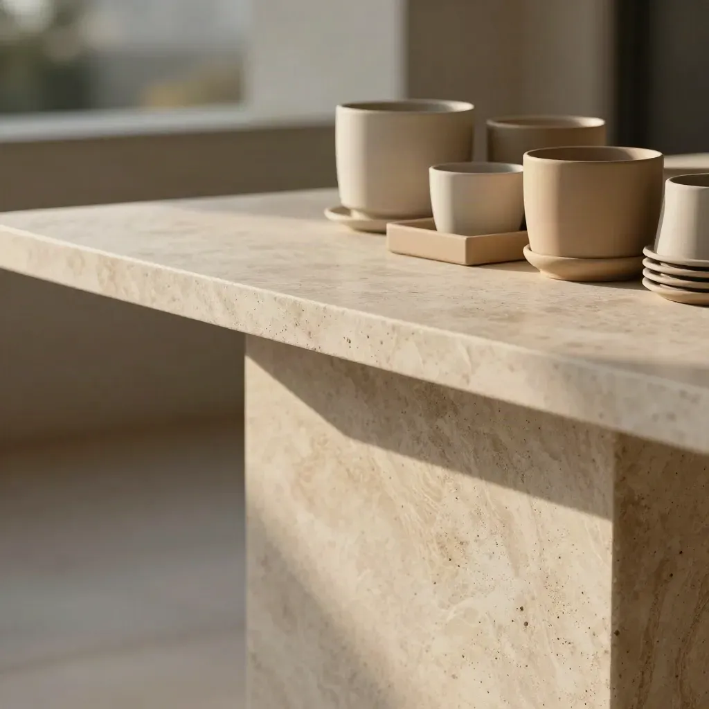 Travertinen balkontafel met lege plantenbakken in zacht zonlicht, veel rustige ruimte eronder.