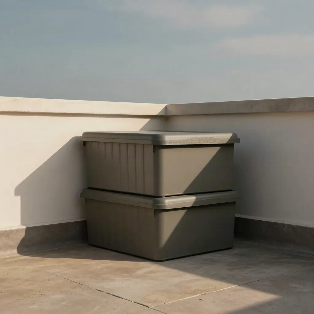 Opbergboxen op een dakterras naast een lichte borstwering, met veel rustige ruimte eronder.