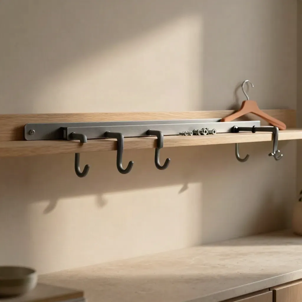 Montagehaken en beugels op een lichte houten plank tegen een rustige pleisterwand.