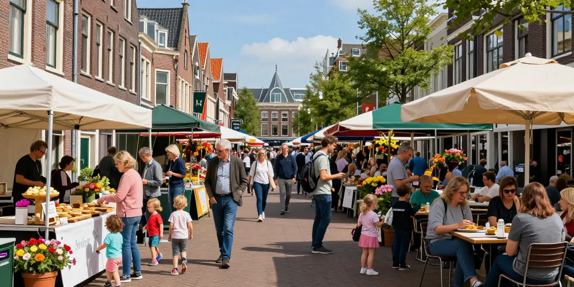 Families exploring shops at a bustling marketplace in Den Haag, showcasing bedrijven den haag.