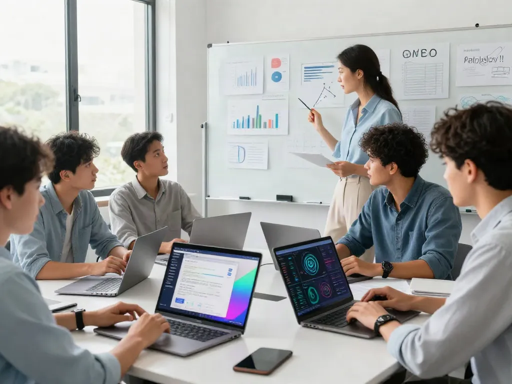 Team collaborating on AI search optimization strategies in a modern office.