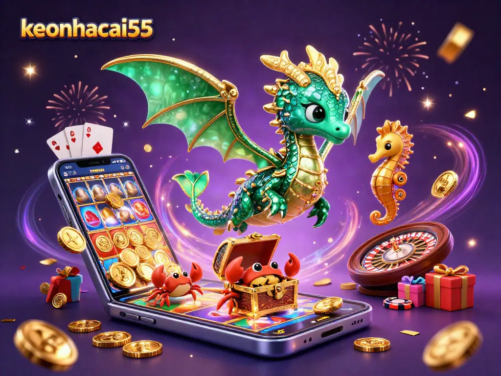 Experience thrilling slots with keonhacai55, featuring a vibrant multi-character casino scene.