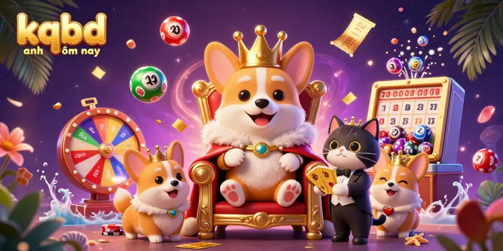 A vivid scene of kqbd anh hôm nay with a regal corgi on a throne of chips, entertaining amid dynamic lottery and casino elements.