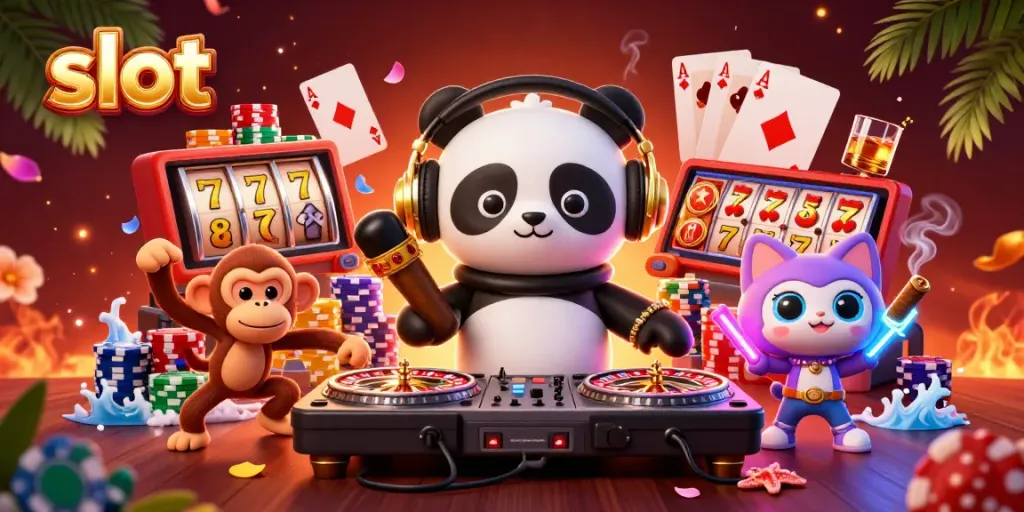 Experience thrilling slot action with a DJ panda and playful characters in a vibrant casino scene.