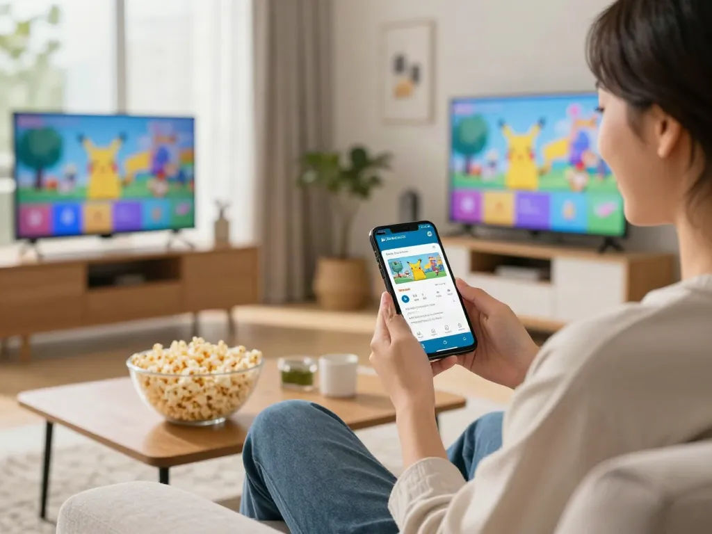 Engaged user enjoying the PickAShow Pikachu App on Android smartphone in a cozy living room setting.