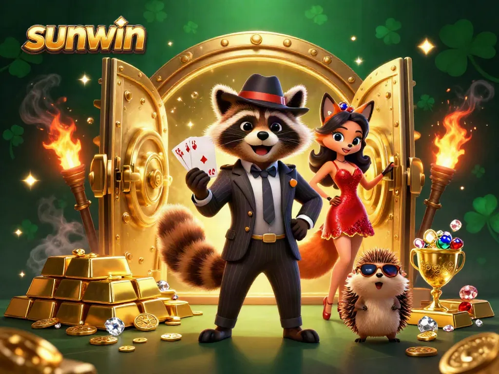 Join the action at sunwin with a raccoon and fox lady enjoying casino treasures while holding winning cards.
