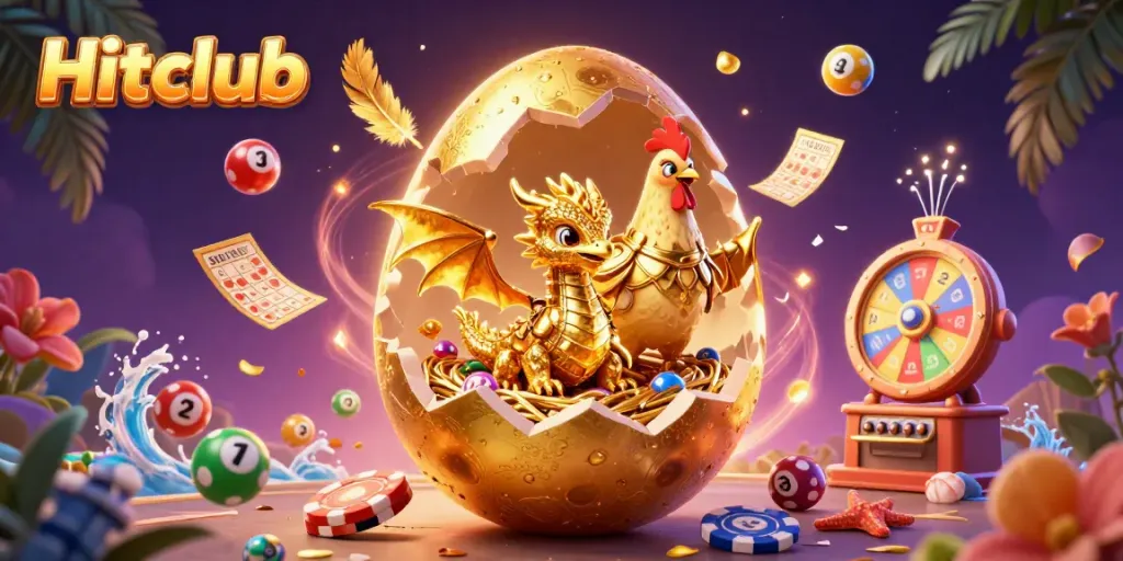 Hitclub showcases a vibrant scene with a golden baby dragon and dynamic gambling elements, like lottery balls and poker chips.