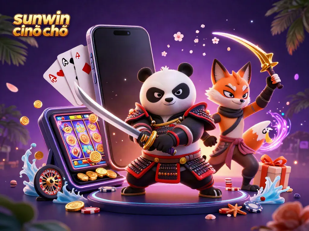 Experience the excitement of sunwin chính chủ with vibrant 3D characters and casino elements in this dynamic illustration.