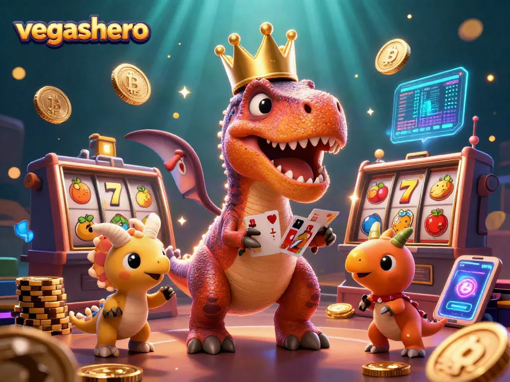 Experience the excitement of vegashero with a T-Rex dealing cards and a pterodactyl in a dynamic casino scene.