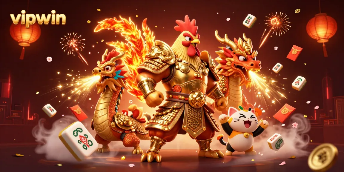Experience thrilling moments at vipwin with a dynamic scene featuring a fighting rooster warrior and dragon hatchling.