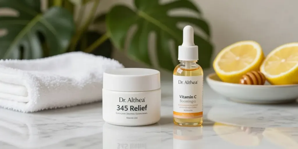 Dr. Althea producten zoals de 345 Relief Cream en Vitamin C Boosting Serum op een marmeren aanrecht, verlicht door zachte natuurlijke lichtstralen.