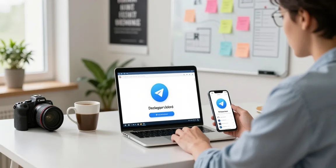 Download Telegram on laptop in a cozy home office setup with vibrant decor and natural lighting.