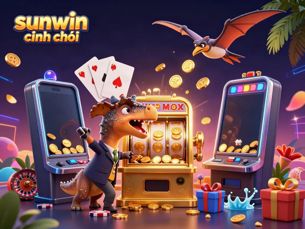 Experience the excitement of sunwin chính chủ with 3D characters capturing jackpot coins and casino action.