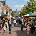 Families exploring shops at a bustling marketplace in Den Haag, showcasing bedrijven den haag.