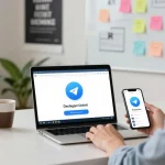 Download Telegram on laptop in a cozy home office setup with vibrant decor and natural lighting.