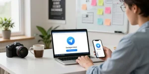 Download Telegram on laptop in a cozy home office setup with vibrant decor and natural lighting.