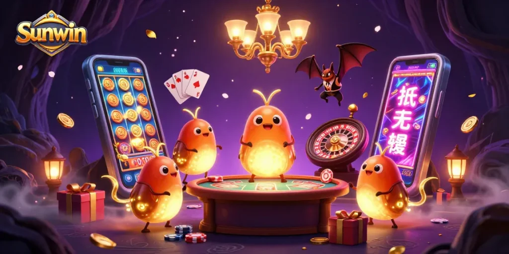 Experience Sunwin's thrilling casino ambiance with vibrant glowworms illuminating games and rewards.
