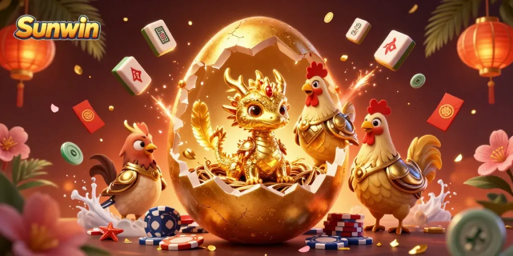 Experience the thrill of winning at Sunwin with a spectacular dragon illustration, surrounded by lucky symbols.