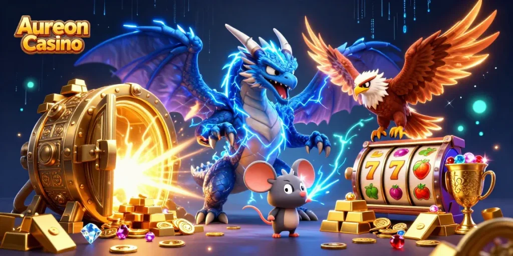 Aureon Casino offers an exciting 3D illustration featuring vibrant characters and slot games.
