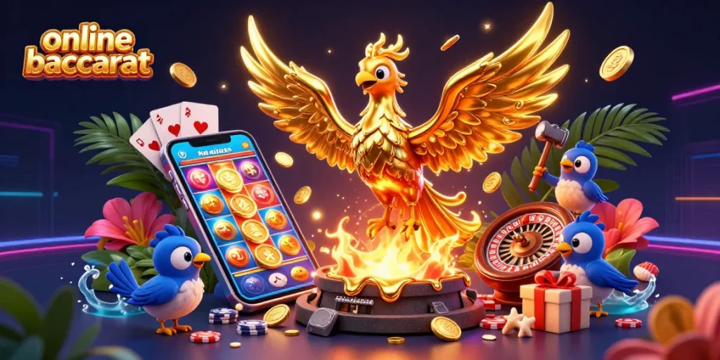 Engage with online baccarat as a molten golden phoenix shines amidst animated game elements.
