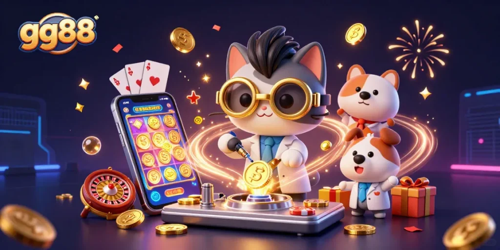 Engage with GG88's vibrant slot games and casino excitement depicted in a colorful 3D illustration.